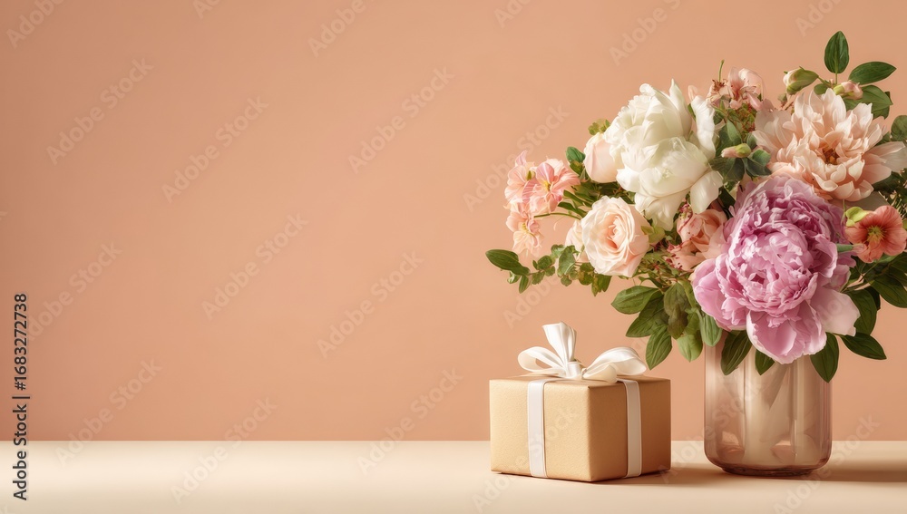 Fototapeta premium Soft pastel flowers and gift