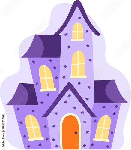 A spooky purple haunted house with glowing orange windows, a crooked roof, and tall towers, perfect for a creepy Halloween night.