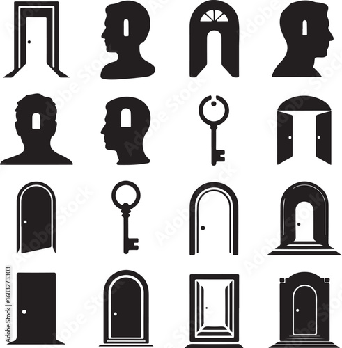 Collection of door and key silhouettes representing opportunities and solutions opportunity