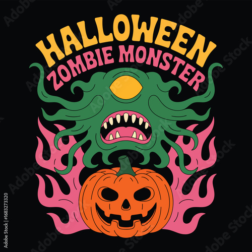 Groovy Halloween monster with pumpkin and flames zombie jackolantern