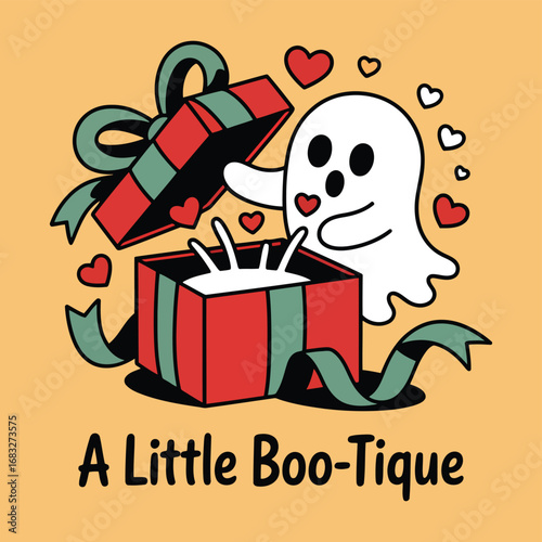 Cute ghost emerging from gift box surrounded by hearts vector