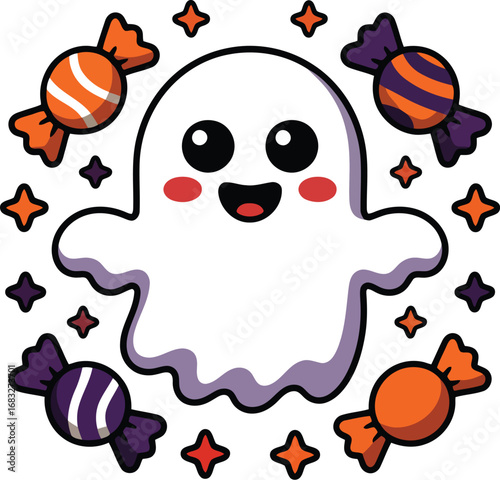 Cute ghost with candies and stars halloween candy