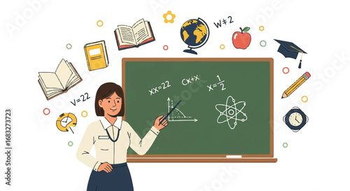 An illustration of a female teacher pointing at a chalkboard surrounded by various educational icons and symbols.