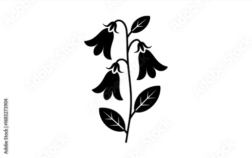 Minimalist black silhouette of a bellflower plant with three hanging blossoms and leaves on a thin stem. Flat vector icon style,