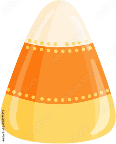 Classic tri-color candy corn illustration with yellow, orange, and white layers, representing a popular Halloween sweet treat.