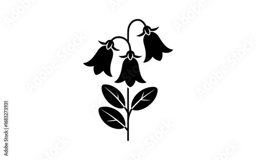 Minimalist black silhouette of a bellflower plant with three hanging blossoms and leaves on a thin stem. Flat vector icon style,