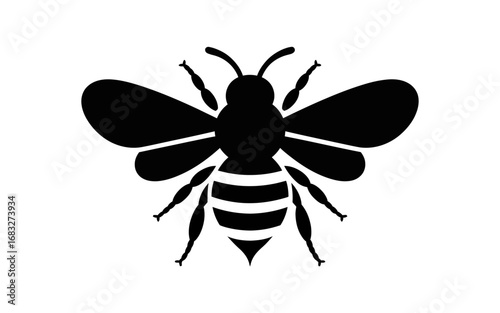 Minimalist black silhouette of a bee with wings, legs, antennae, and striped abdomen.
