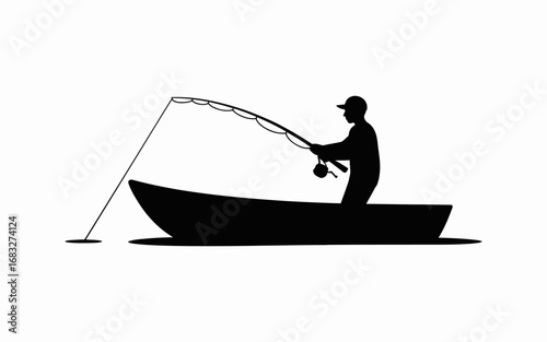 Minimalist black silhouette of a person fishing while standing on a boat.