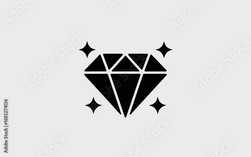 Minimalist black silhouette of a diamond with sharp facets and sparkles around it. Flat vector icon style,
