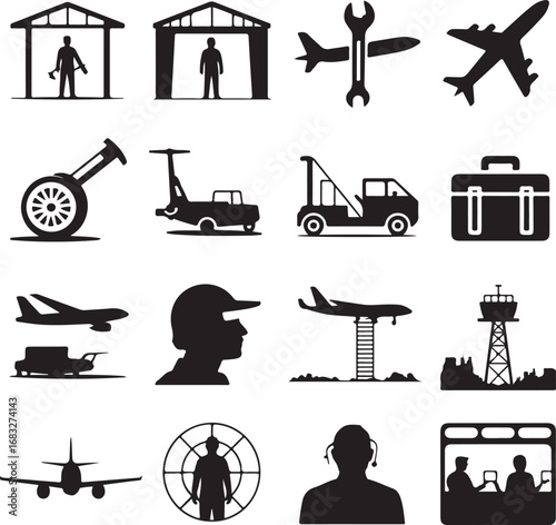 Airport and aviation icons including planes, control tower and staff Keywords: airport, aviation