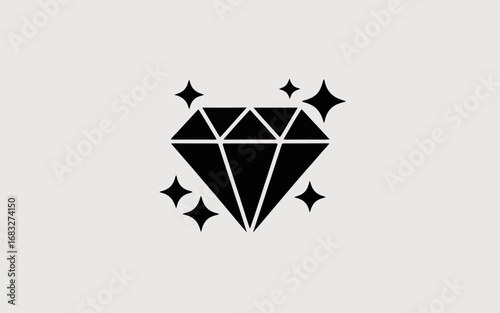 Minimalist black silhouette of a diamond with sharp facets and sparkles around it. Flat vector icon style,