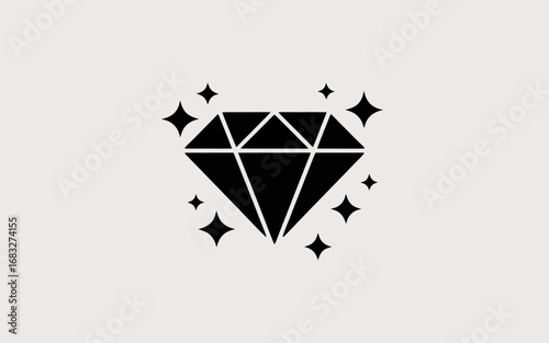 Minimalist black silhouette of a diamond with sharp facets and sparkles around it. Flat vector icon style,