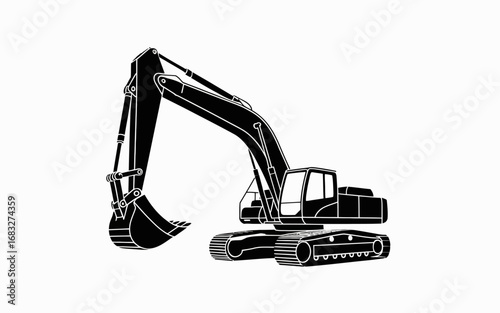 Minimalist black and white silhouette of an excavator construction vehicle with a large digging arm and bucket.