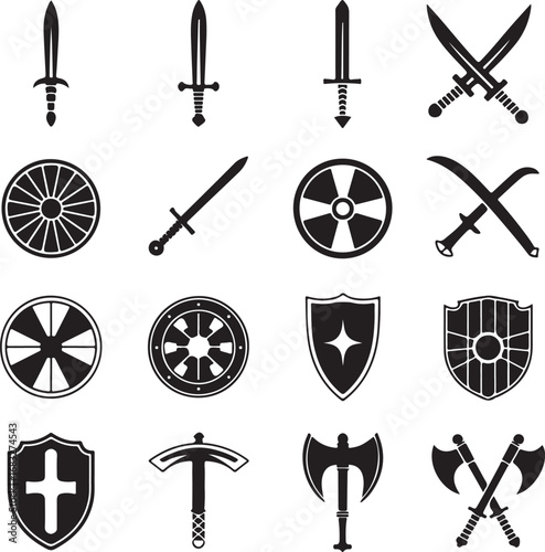 Medieval Weapons and Shields Collection Black and White Icons sword pickaxe