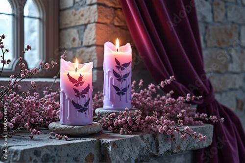 Cozy stone mantel with purple lit candles and floral decor in rustic setting