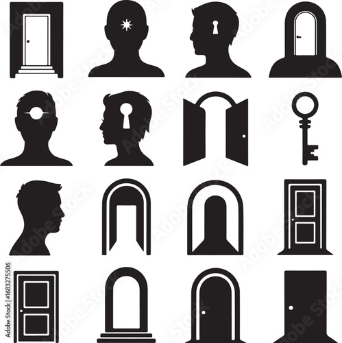 Conceptual silhouettes of doors keys and human profiles representing opportunity and thought
