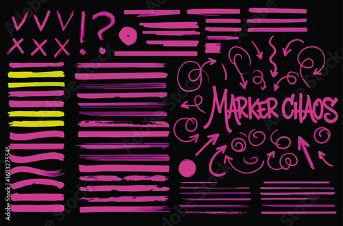 Hand-drawn marker highlighters, underline, lines, round, arrows, punctuation marks, tick marks and sketch. Highlighters, hand drawn underline. Handwritten notes for text or on a school board. Vector 