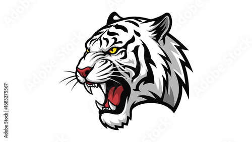 Fierce white tiger head Mascot roaring aggressively, a powerful vector graphic for a team mascot