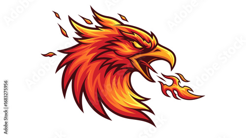 Fierce flaming phoenix head breathing fire, a powerful vector graphic for a sports mascot