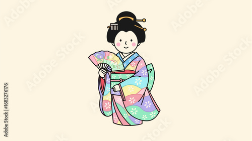Cute illustration of a Japanese geisha in a colorful kimono holding a traditional fan