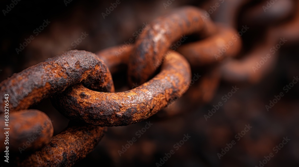 Fototapeta premium Close-up of a rusty chain link showcasing texture and decay against a blurred background of rust