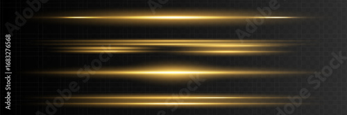 Set of yellow horizontal glare. Laser beams, horizontal light rays. Glowing stripes on dark background. Glowing abstract