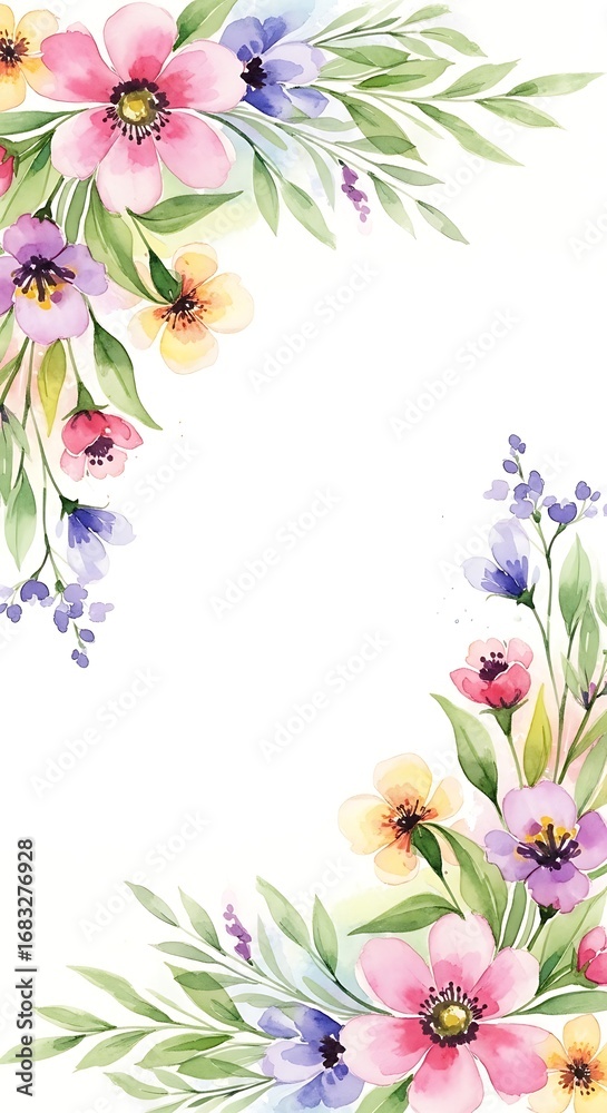 Naklejka premium Floral watercolor frame with pink, purple, and yellow blossoms arrangement