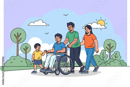 Vector of family member pushing wheelchair outdoors