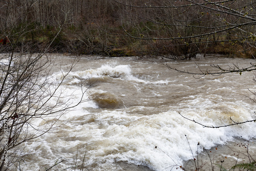 Flooded river in the Pacific Northwest, Oregon, high water moving rapidly through a winter landscape, horizontal aspect