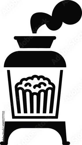 Stylized black and white icon of a popcorn machine with steam