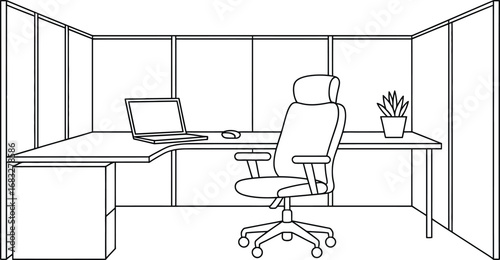Modern office cubicle with desk chair and laptop sketch