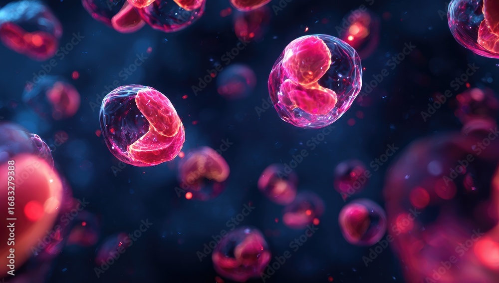 Naklejka premium Pink, translucent bubbles/cells float in dark, vibrant, scientific backdrop