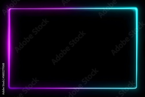 Neon light square frame on a black background, glowing border with copy space for text or a design element.