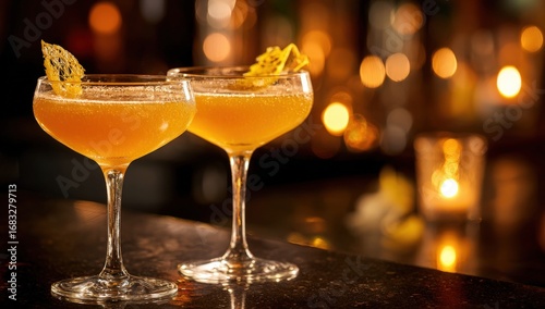 Two cocktails in elegant glasses, garnished with citrus