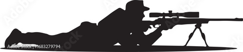 Black silhouette of a sniper aiming a rifle with a scope on a tripod army assault