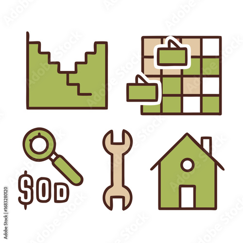 Glyph icons. House, multi-story building, house key, tools (hammer and wrench), crane, blueprint, brick wall, 
