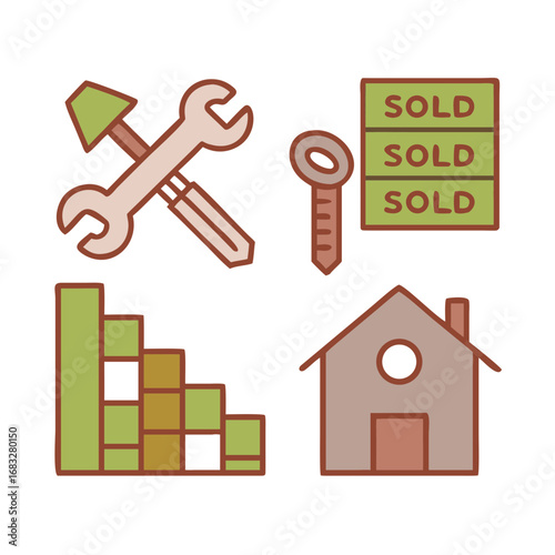 Glyph icons. House, multi-story building, house key, tools (hammer and wrench), crane, blueprint, brick wall, 