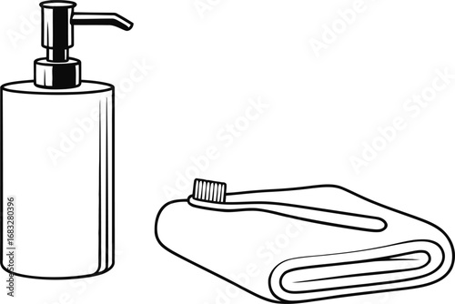 Simple line drawing of a soap dispenser and a folded towel with a toothbrush