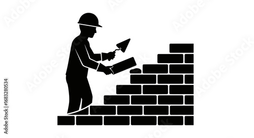 Minimalist silhouette icon of a bricklayer placing a brick with a trowel.