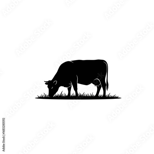 Cow grazing on grass in a pasture - simple silhouette icon.