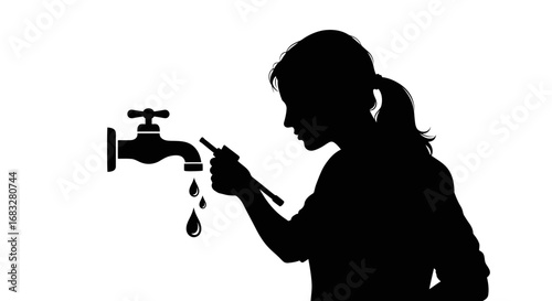 Minimalist silhouette icon of a female plumber inspecting a faucet.