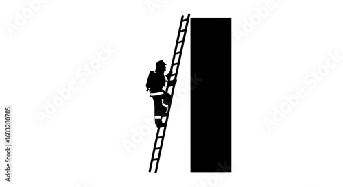Minimalist silhouette icon of a firefighter climbing a ladder.