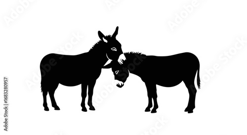 Two donkeys standing close together, one nuzzling the other.