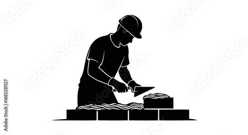 Minimalist silhouette of a bricklayer spreading mortar.