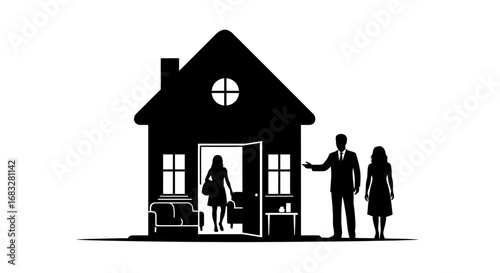 Minimalist silhouette of a broker guiding clients through an open house.