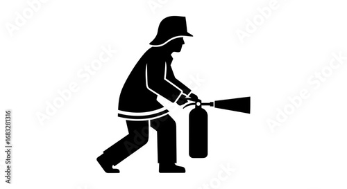 Silhouette of a firefighter holding a fire extinguisher.