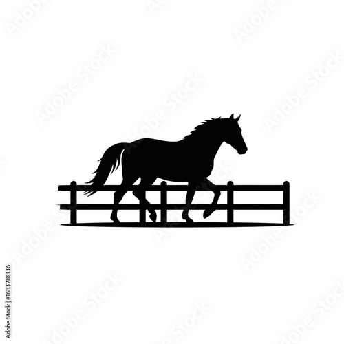 Silhouette of a horse trotting in a fenced paddock.