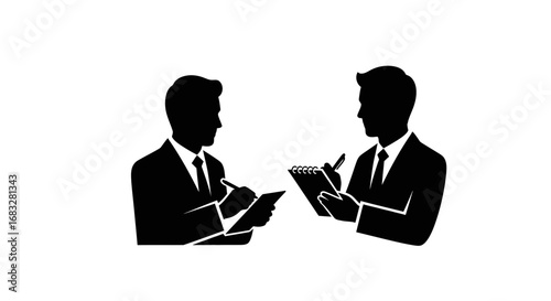 Silhouette of a journalist interviewing and taking notes.