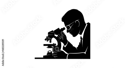 Silhouette of a scientist looking into a microscope.