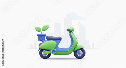 3D Illustration of Green Electric Scooter with Plant Pot for Eco-Friendly Transport
